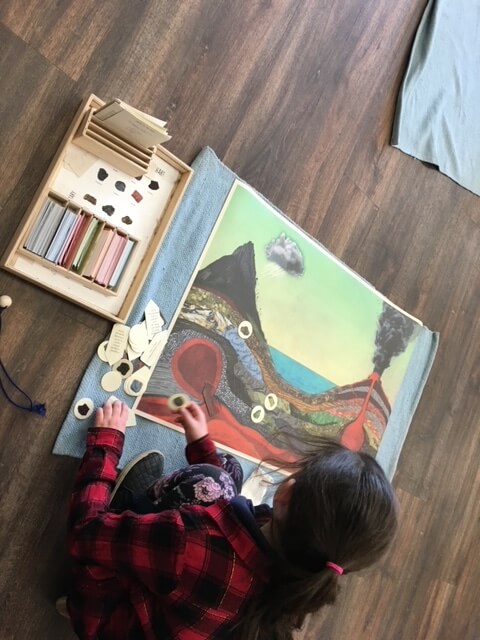 child sitting on floor with diagram of a volcano